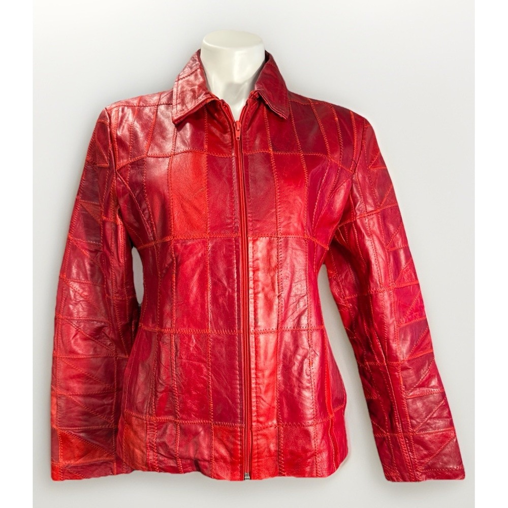 Vintage Red Leather Patchwork Jacket Women's Size XXL‎